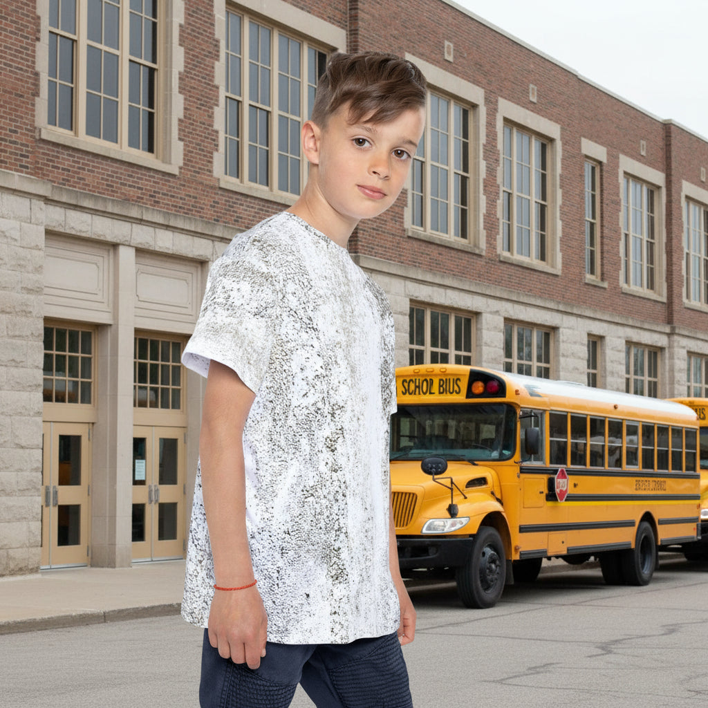 Going to school in style with a  white and grey abstract print jersey t-shirt