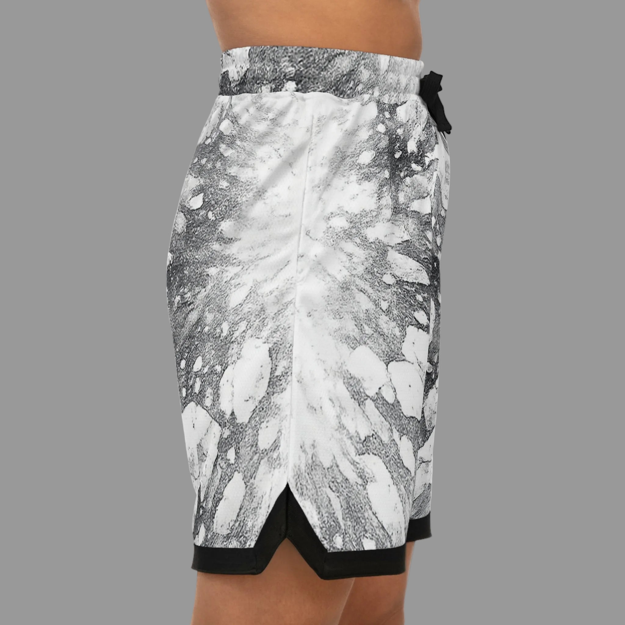 side view of men's lightweight basketball shorts with explosive graphics and black trim - moisture-wicking fabric to keep you cool in your workout