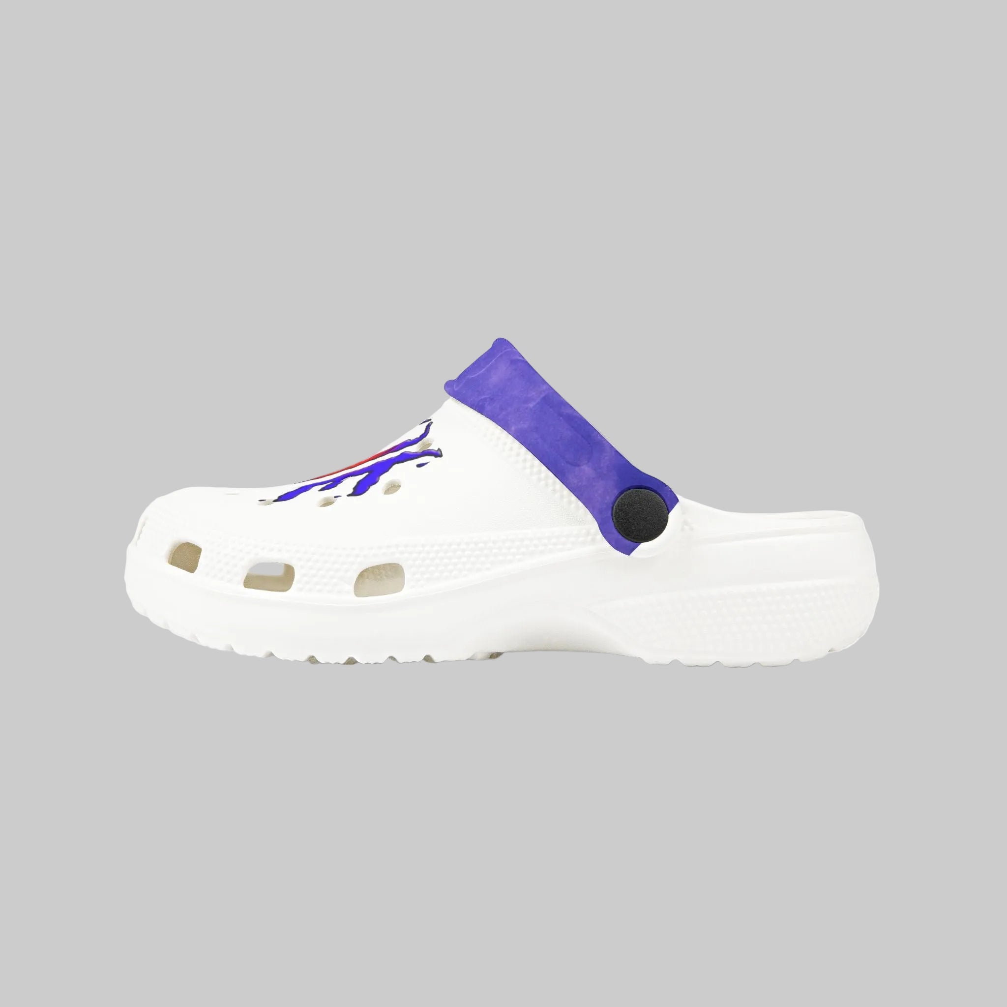 White child's clog that's durable, breathable, flexible, colorful, fun and comfortable (side view)