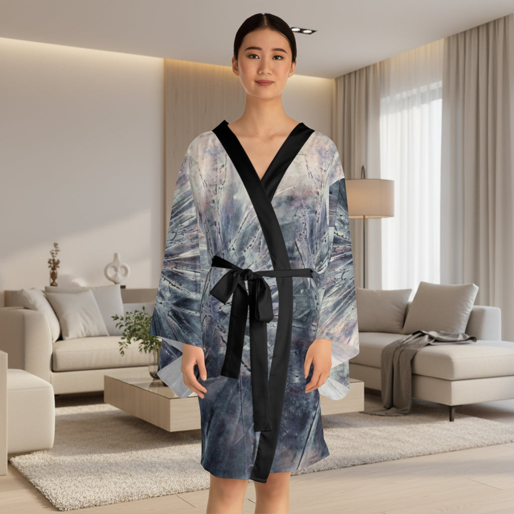 Abstract silver kimono-style robe with a blue and gray abstract print and black trim