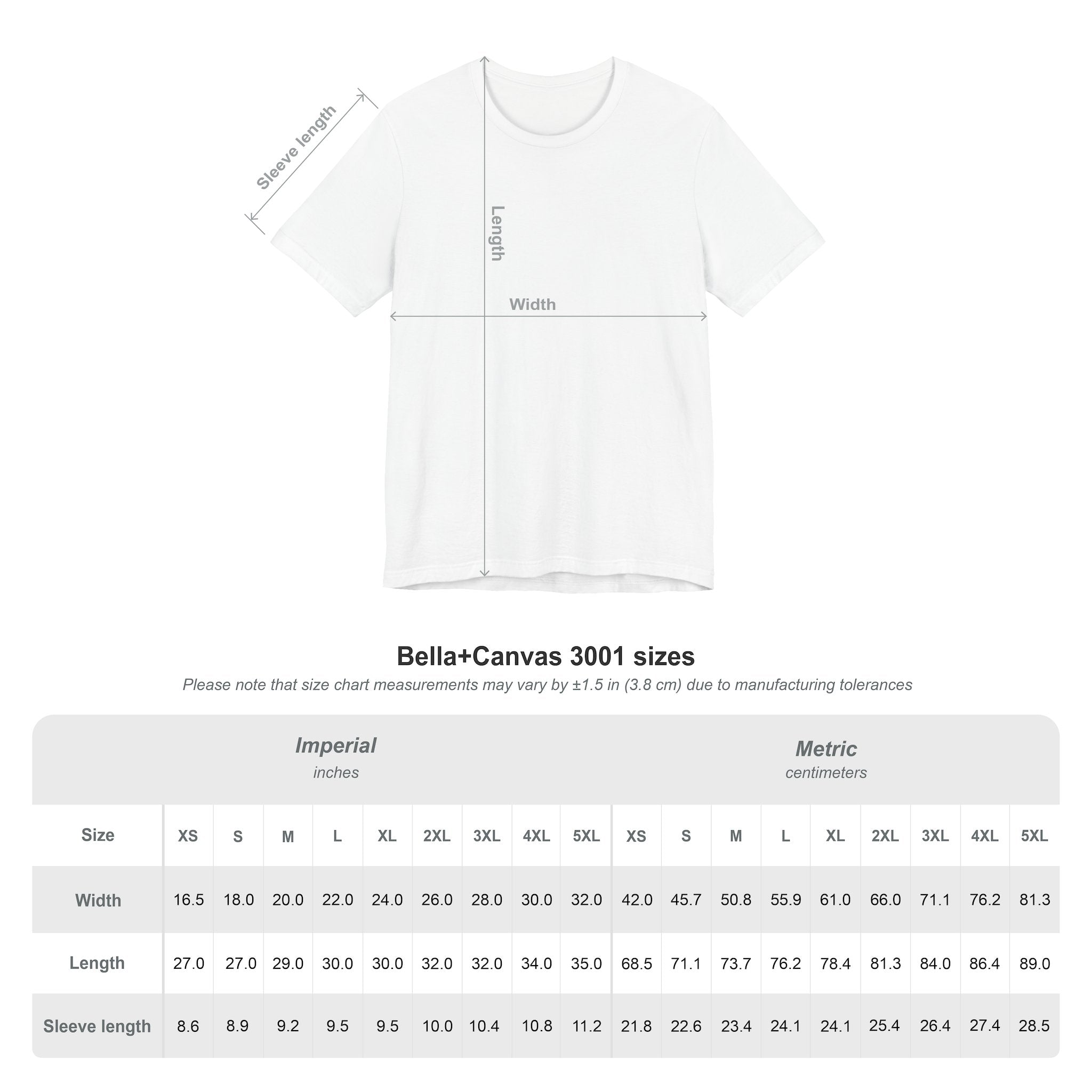 White t-shirt with measurement chart 