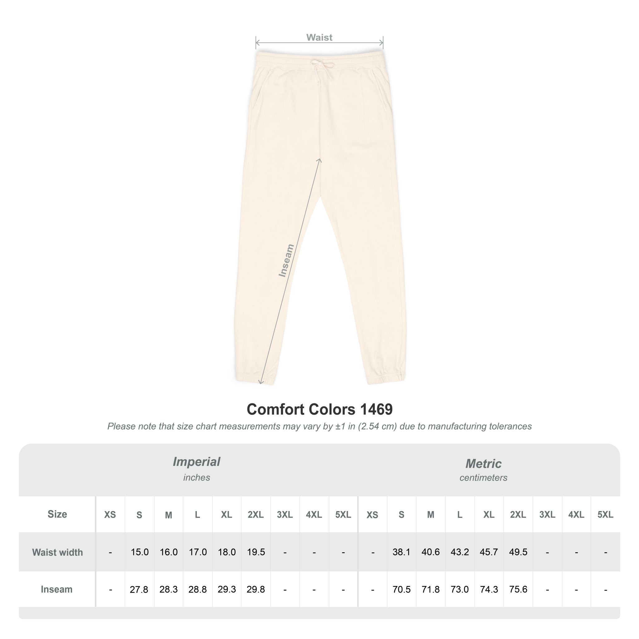 Measurement chart for unisex sweatpants