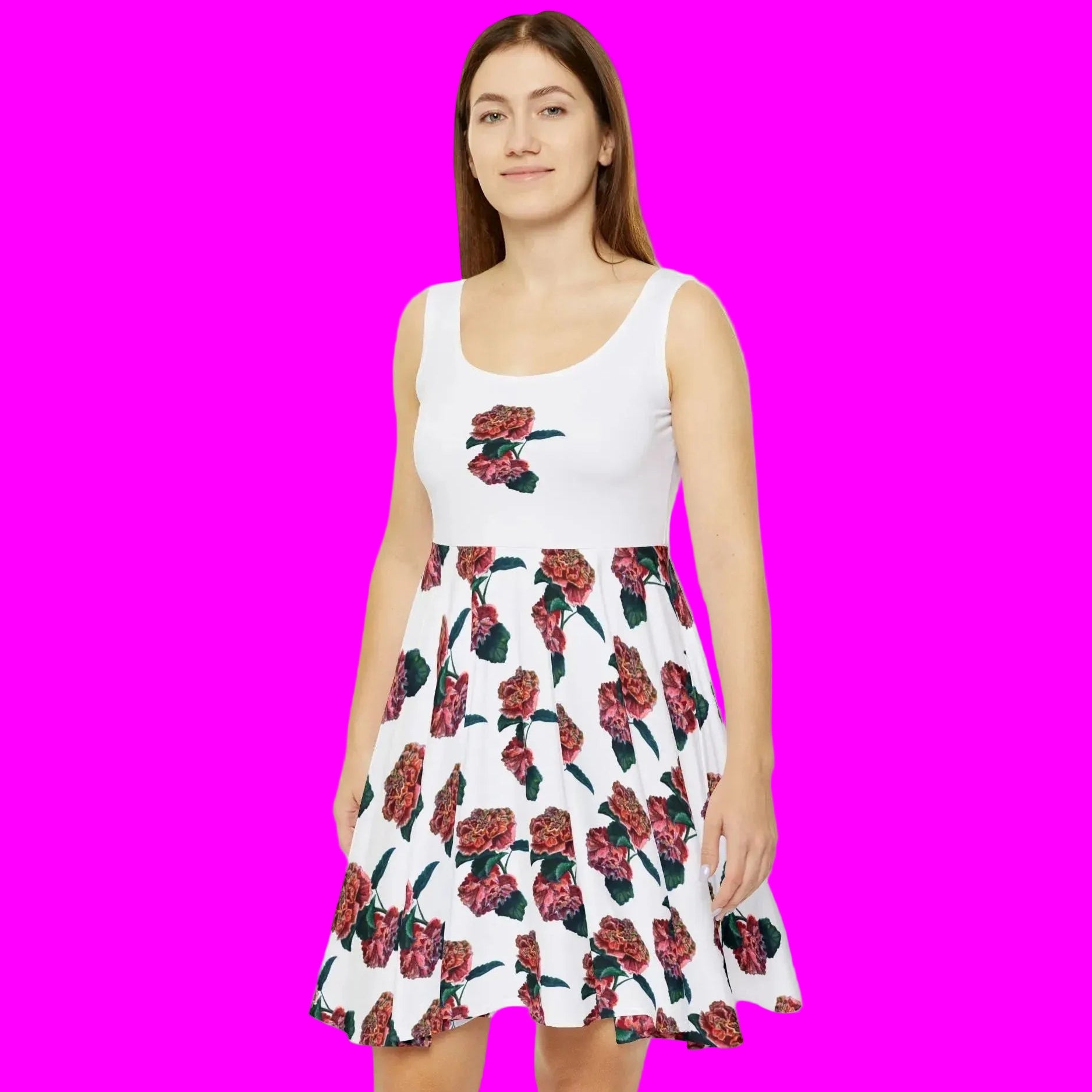 sleeveless white dress with a red and green floral print on the skirt and bodice is romantically flirty 
