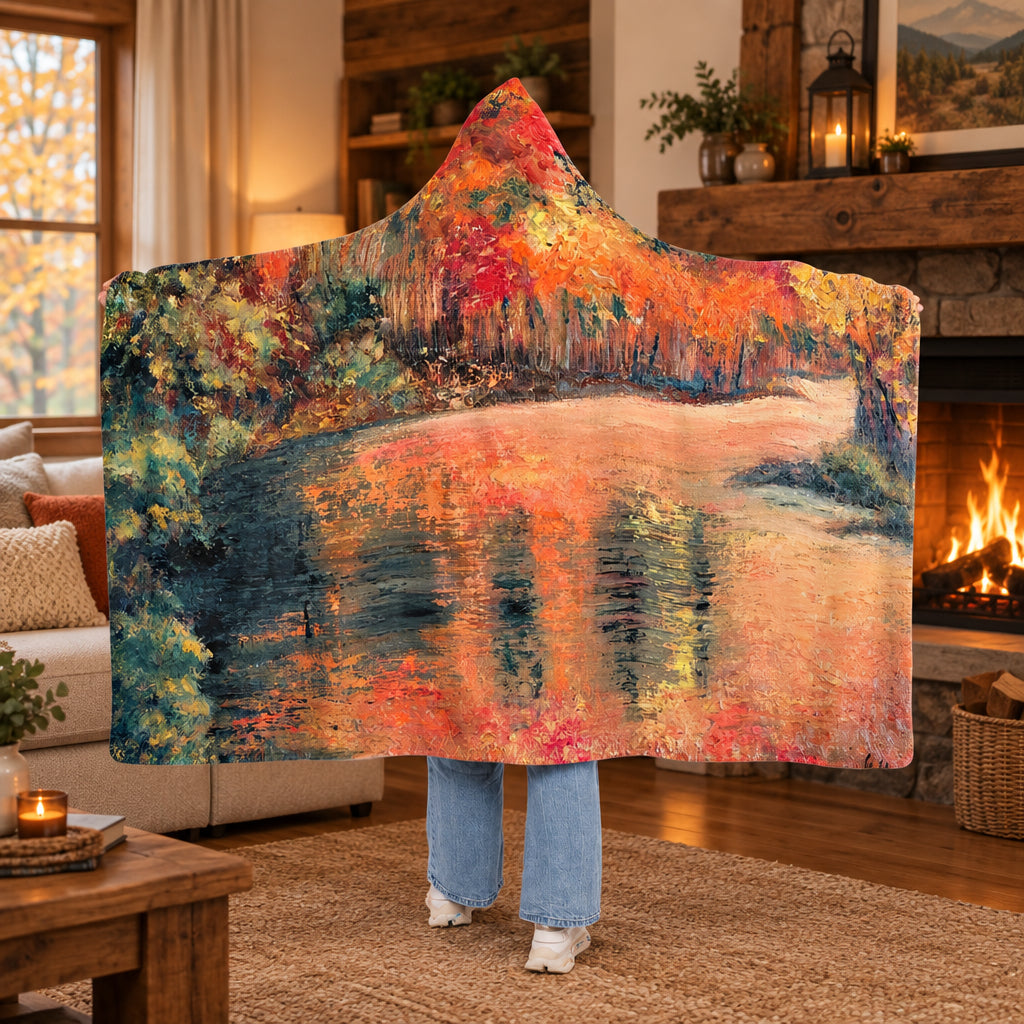 A hooded blanket throw shown from the back, featuring an autumn landscape print with orange, red, and dark blue trees reflected in water. Choice of ultra-soft microfleece or plush polyester sherpa lining.