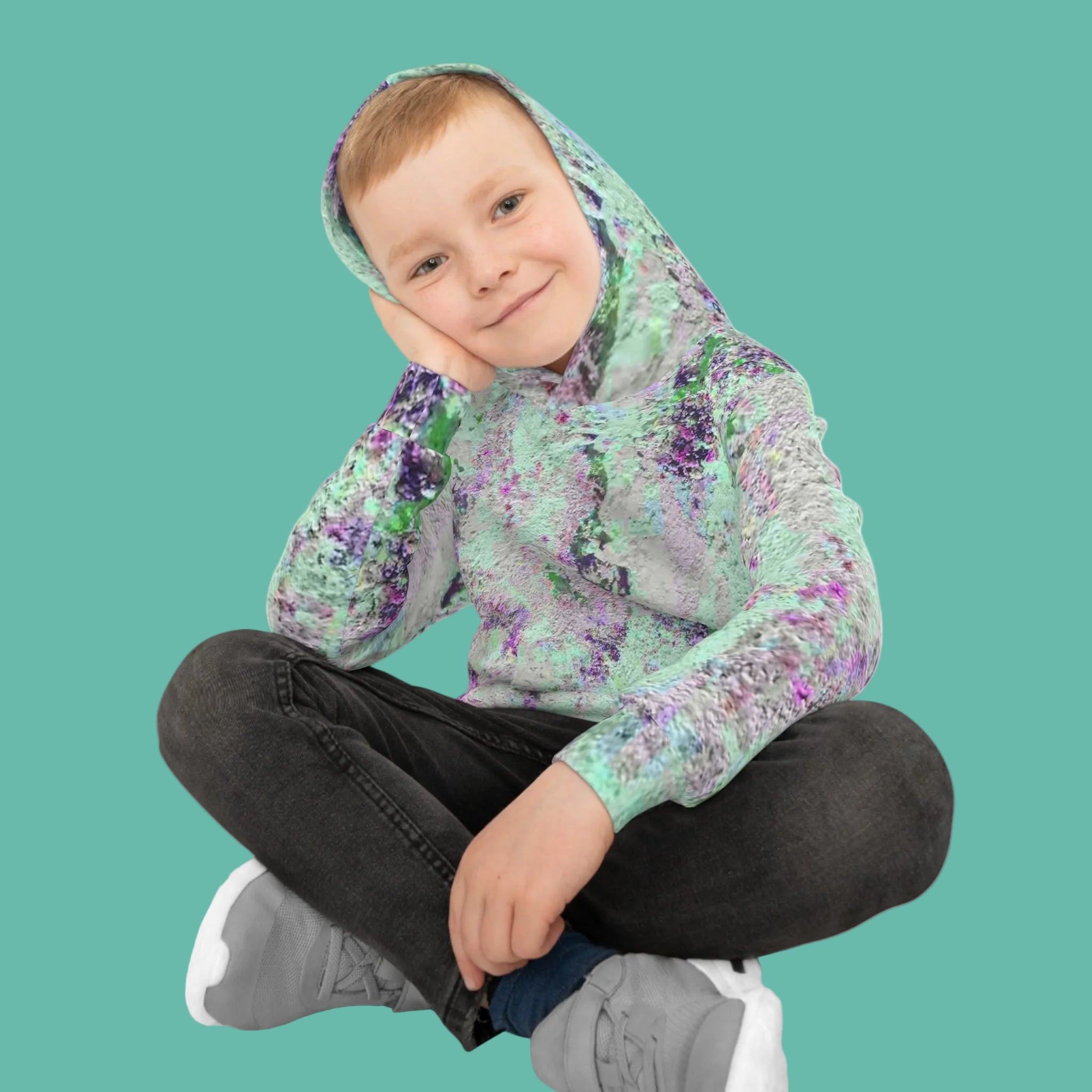Unisex pullover for kids with abstract colors and double padded hood with front pocket