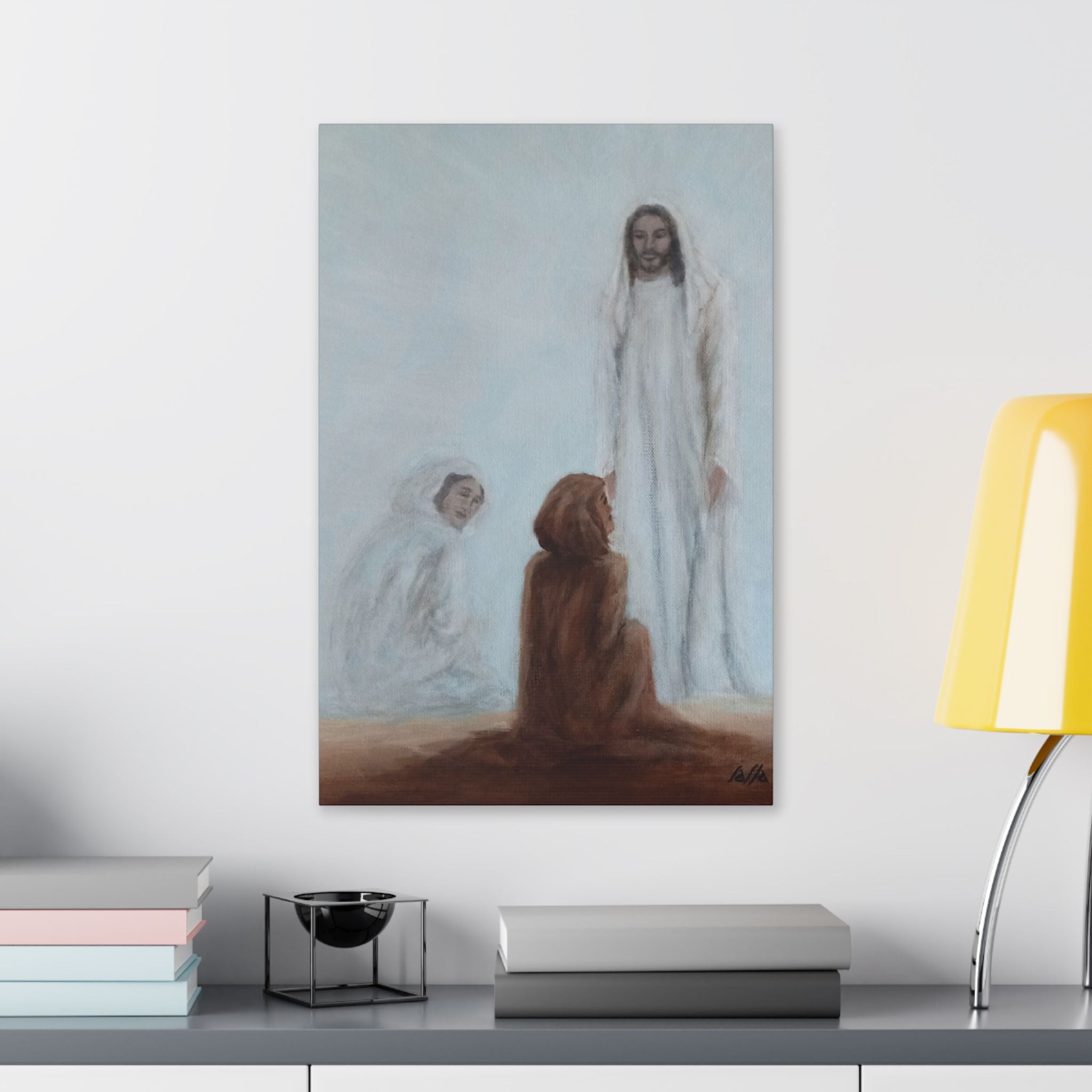 A canvas print of a religious scene of Jesus speaking with a follower in 'The Bread of Life' painting by Studio Blitz