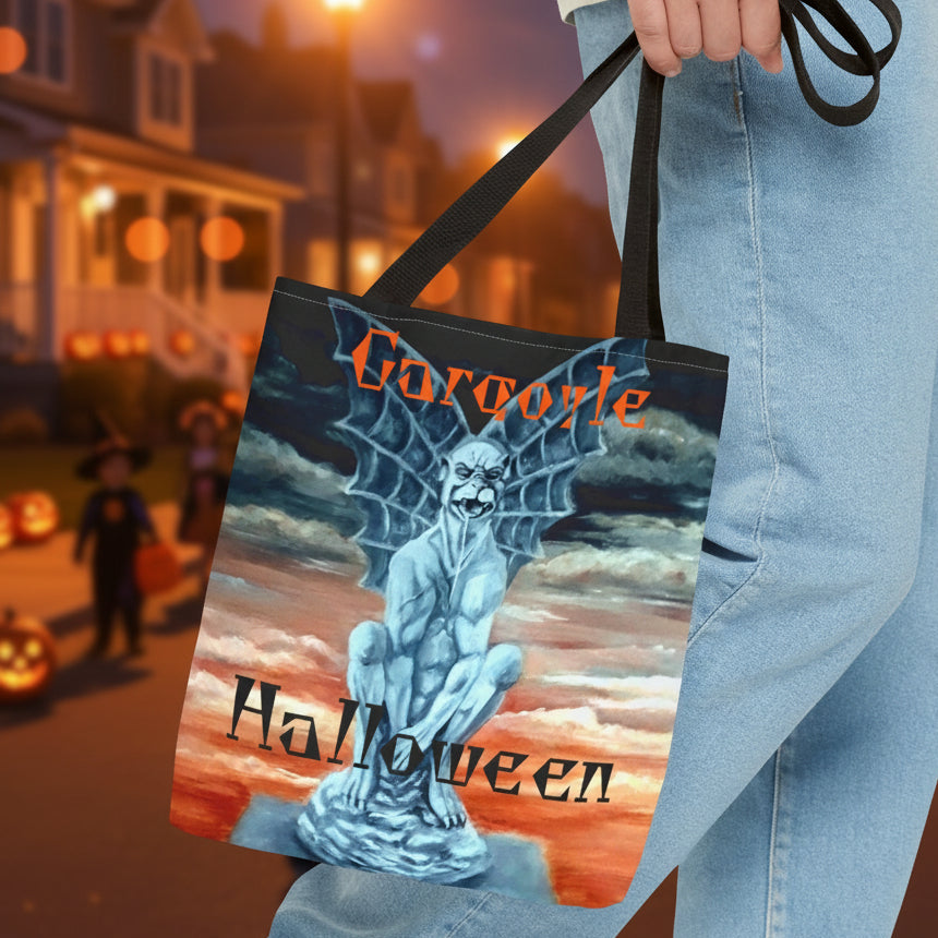 Trick or treat bag and tote bag with a Halloween design featuring a scary gargoyle statue - 3 sizes
