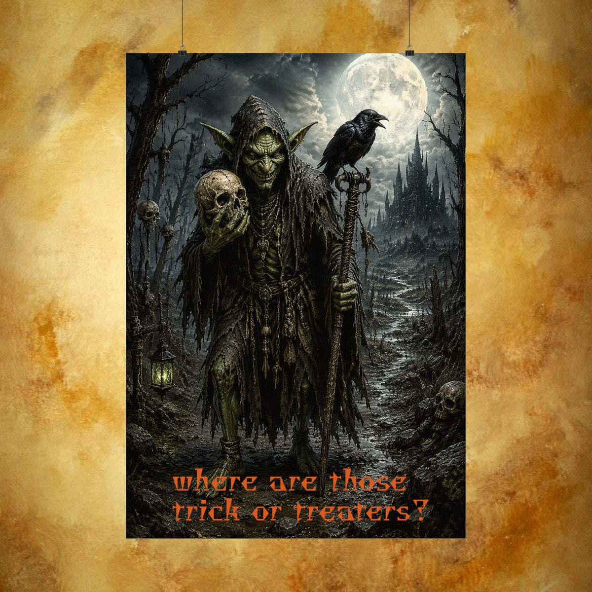 A vertical Halloween poster featuring a dark gothic illustration of a green-skinned witch holding a skull and staff, with a raven on her shoulder, set against a haunted forest and full moon. The text at the bottom reads 'where are those trick or treaters?' in orange.