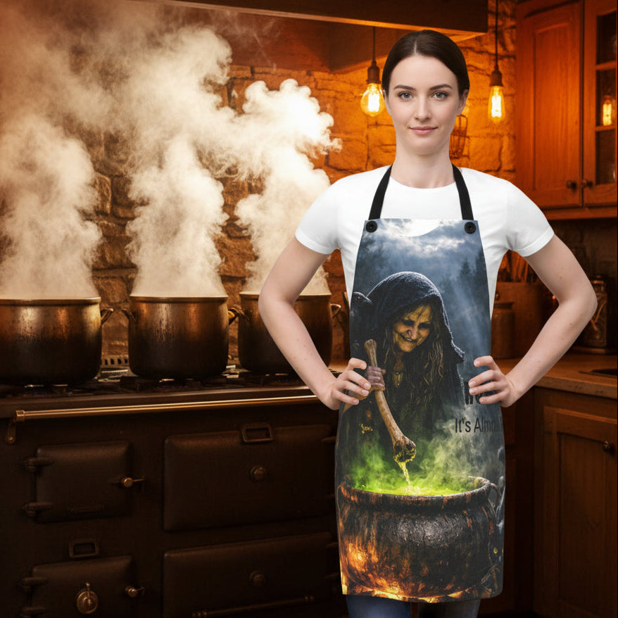 chef's apron for Halloween illustrates spooky witch stirring the pot for dinner