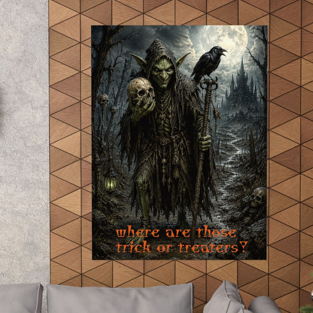 A Halloween-themed wall poster featuring a spooky goblin character, a raven, and a skull in a dark forest