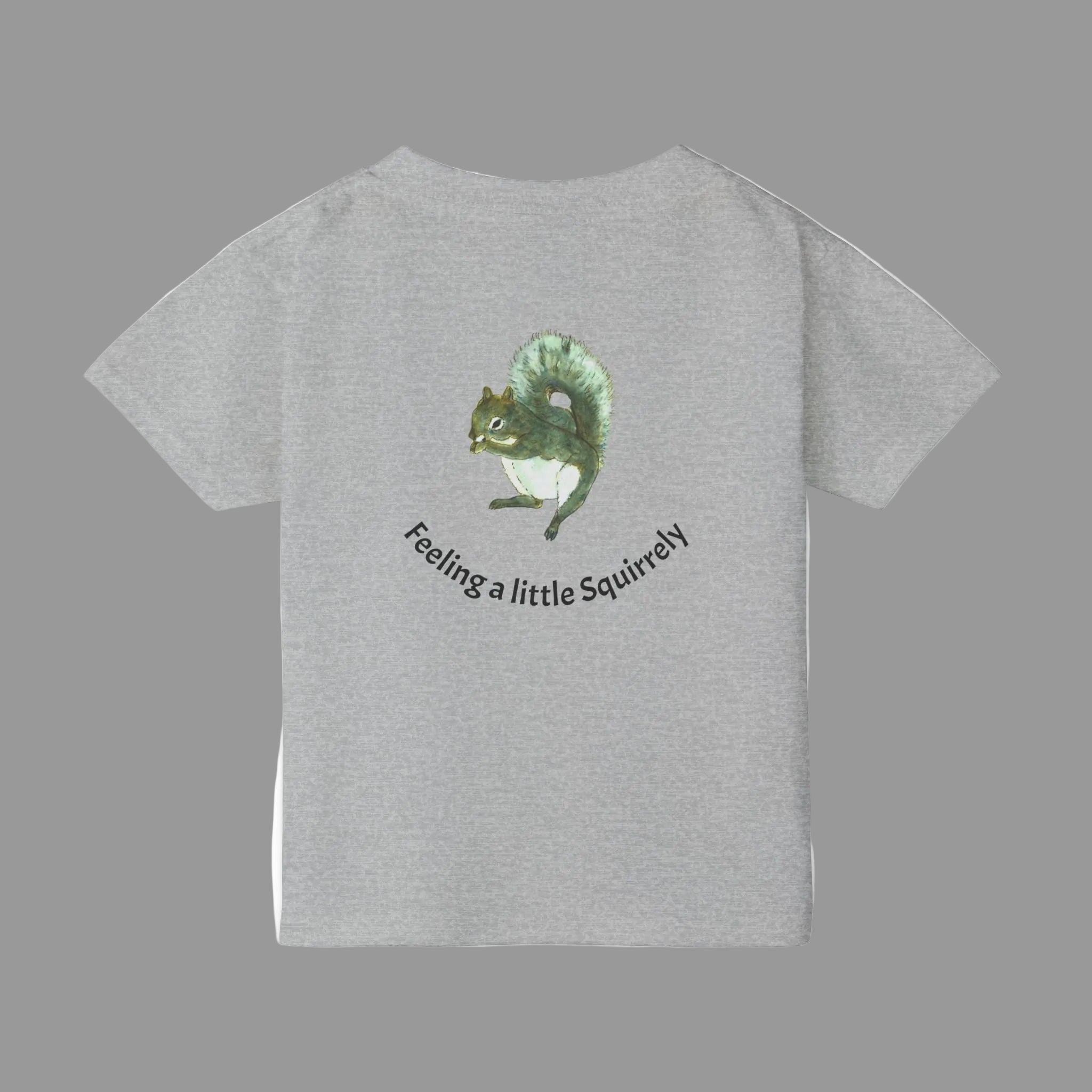 Sport gray Child's short-sleeve t-shirt with graphics of a squirrel with the text 'Feeling a little Squirrely' 