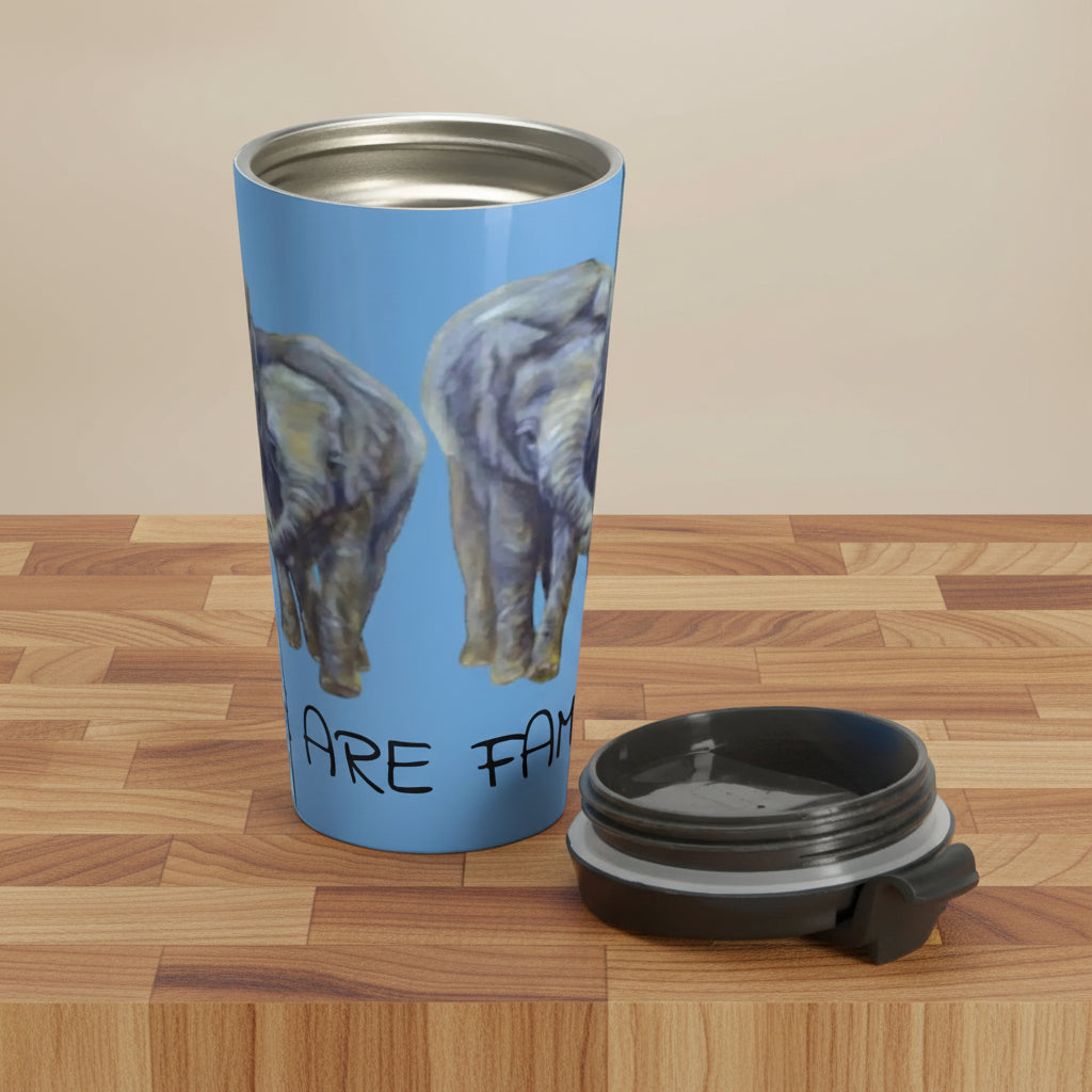 Travel mug with elephant design and We are Family text - Coffee Drinkers Must Have