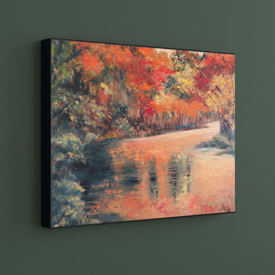 A canvas wall Giclee' signed art print showing an impressionistic autumn landscape with red, orange, yellow, and green trees reflected in calm water in Giclee' print in 2 sizes