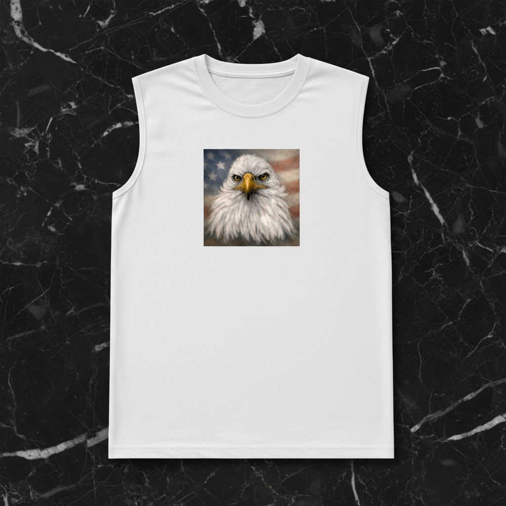 A sleeveless white tshirt with a graphic print of a bald eagle's head on the chest, shown against an American flag.