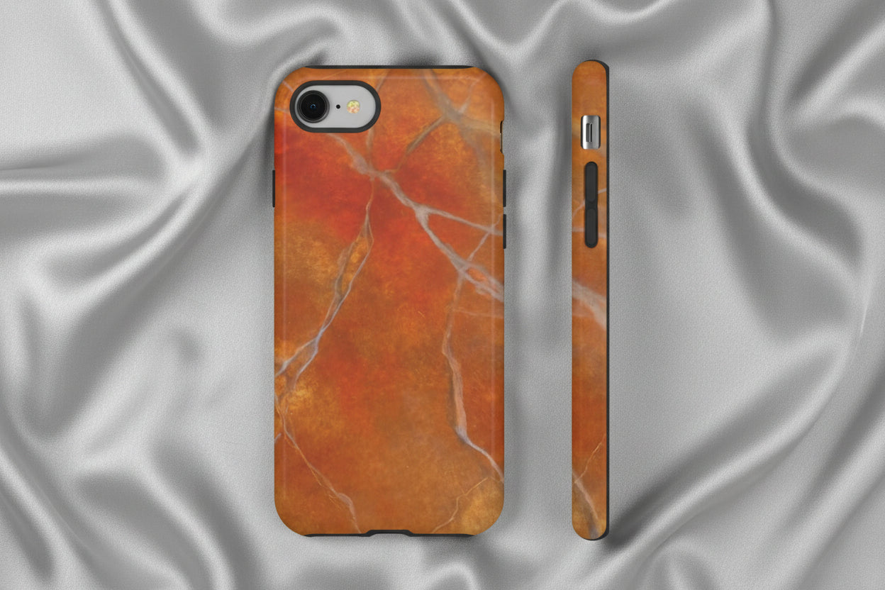 Phone case in sophisticated red orange marble design that is impact resistant tough in glossy or matte finish
