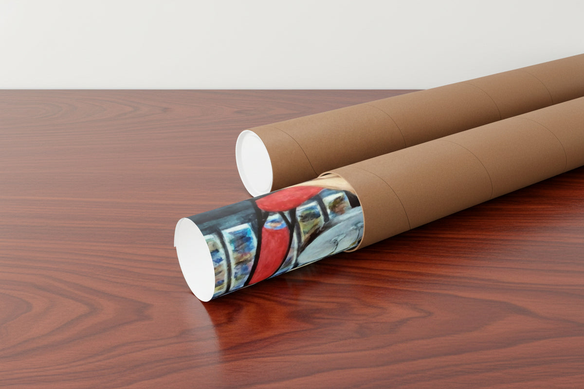 Two rolled brown cardboard poster tubes with one tube partially unrolled to show an art print featuring red, blue, black, and beige tones of The French Kiss