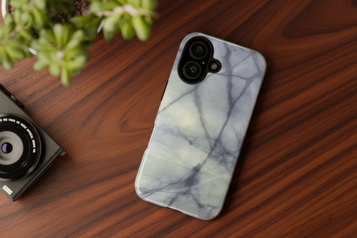Phone case in impressive grey marble design with shock absorbing dual layer shell and UV resistance in 3D wrap