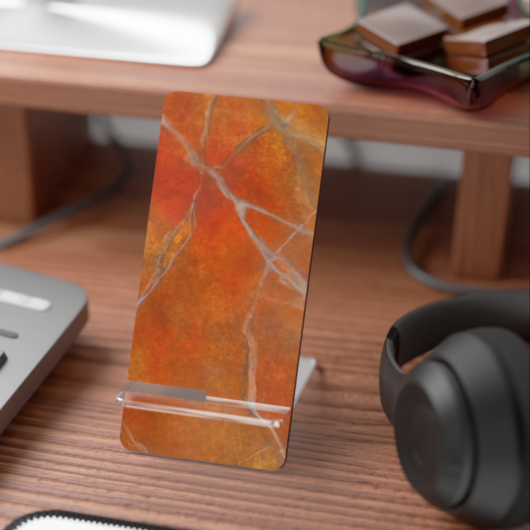 Convenient and sturdy Striking Red Orange marble design phone stand 