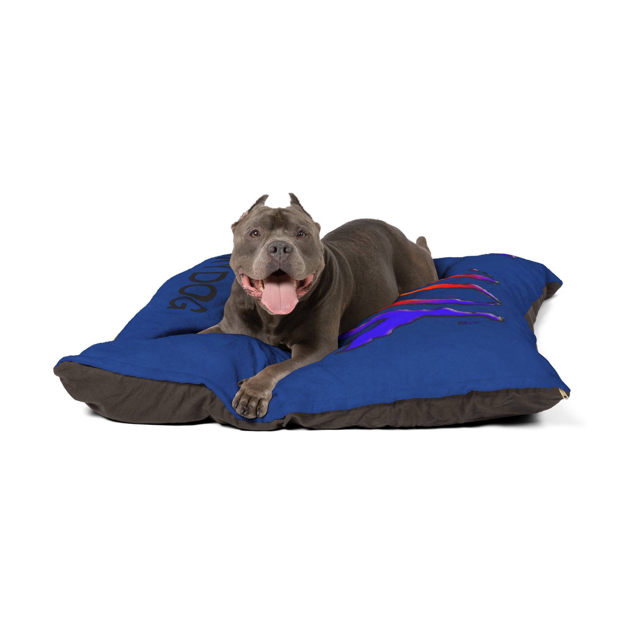 Dog lying on a blue and brown dog bed with colorful accents.