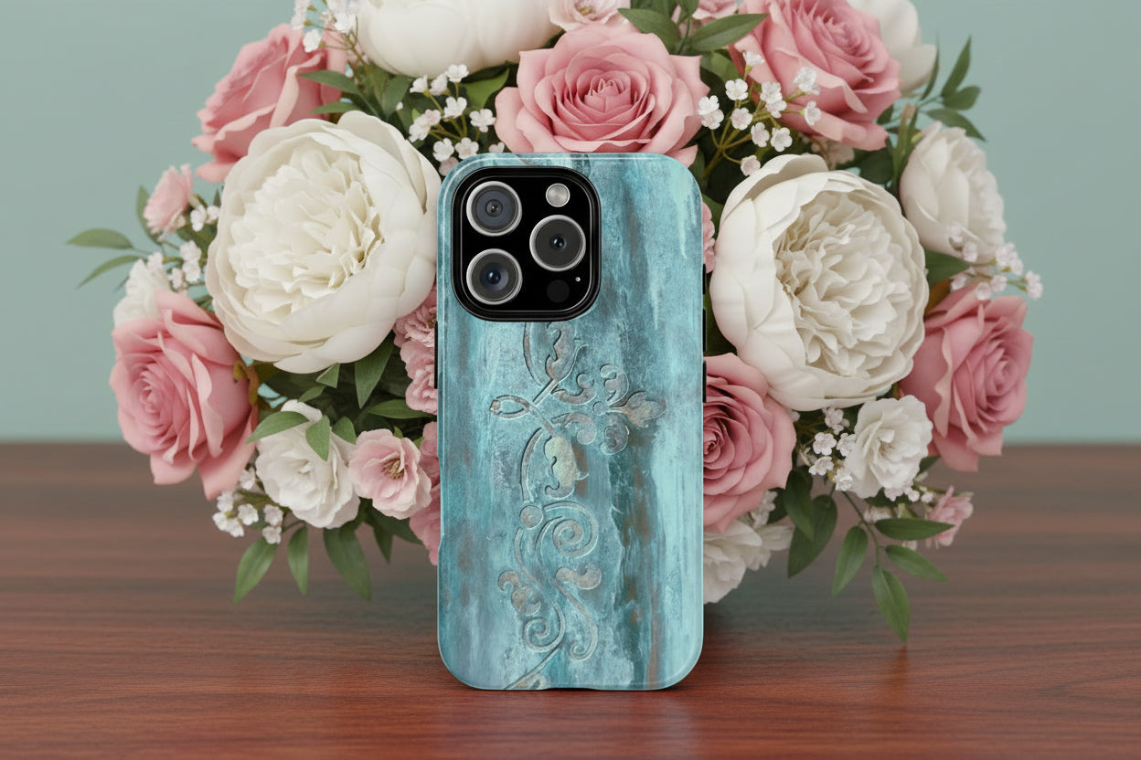 Phone Case in Elegant Teals with Decorative Scroll Design in 3D Wrap and Impact Resistant Toughness