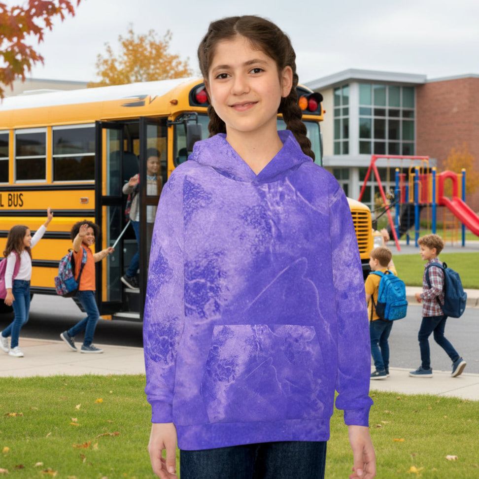 Unisex kid's hoodie with front kangaroo pocket in blue abstract art by Studio Blitz