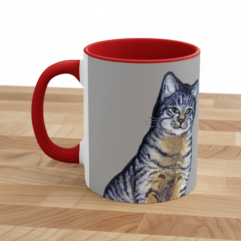 Mug with a tabby cats and Meow message on a gray background