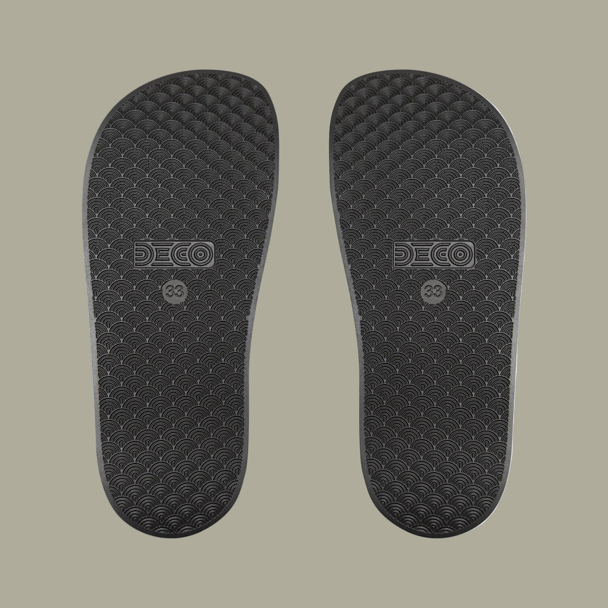 Black sandal insoles with DECO branding 