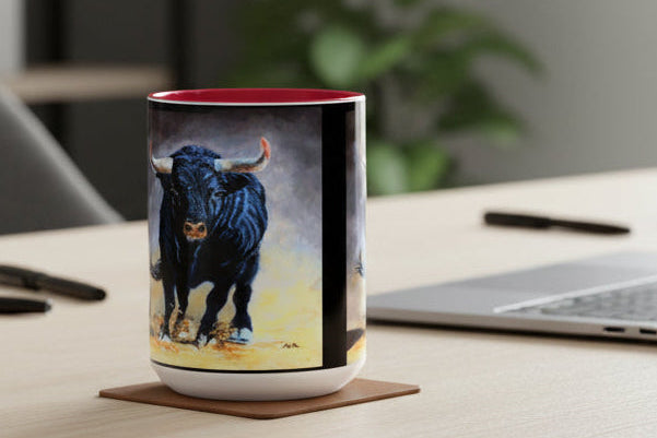 15 oz.  Mug with artist painting of a bull on both sides with red interior and  'C' handle