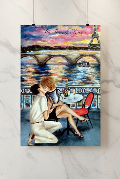 Romantic Parisian Poster with a couple in love sharing a French kiss in early evening by the Eiffel tower