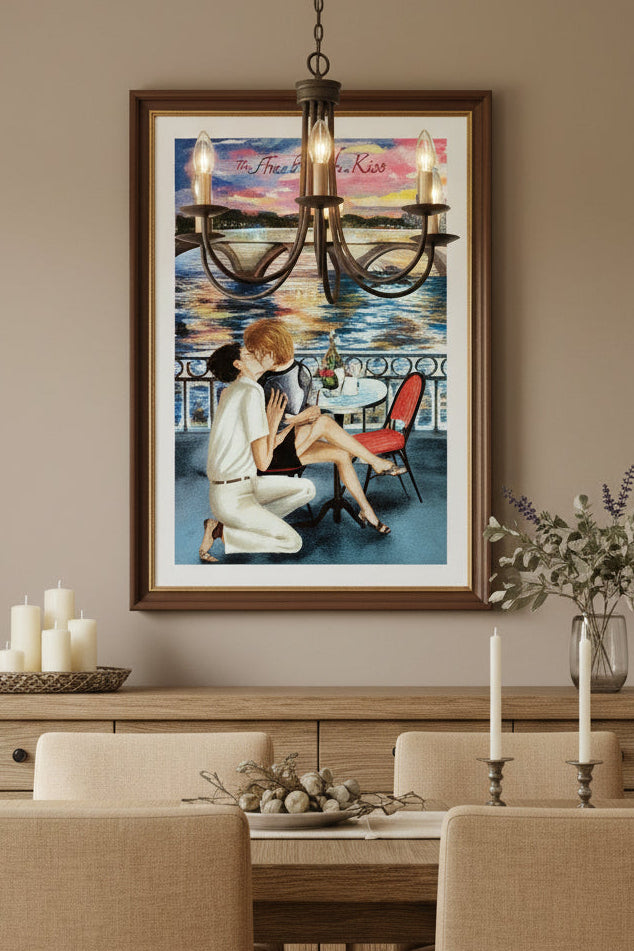 Romantic Painting Print of a couple kissing in Paris with the Eiffel Tower in the background, titled 'The French Kiss'.