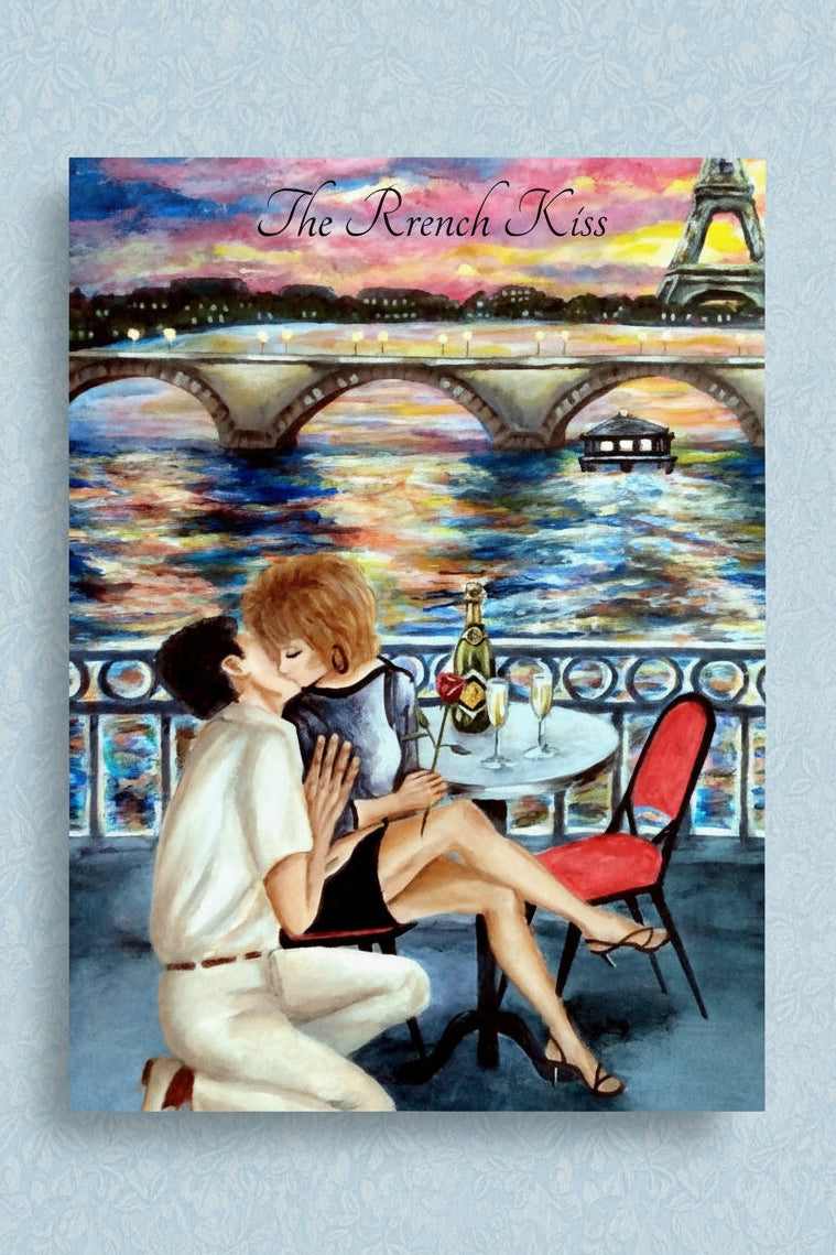 A vertical art print featuring an illustrated romantic Paris scene with two people kissing on a balcony overlooking the Seine, a bridge, and the Eiffel Tower at sunset. The print includes the text 'The French Kiss' at the top