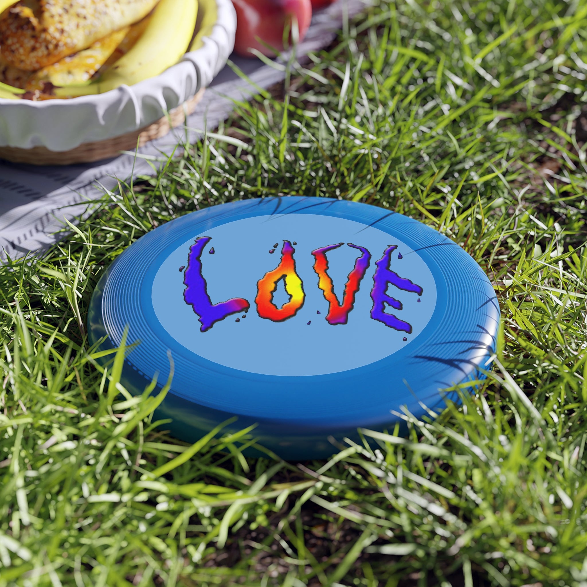 Blue frisbee with 'LOVE' painted vivid colorful letters 