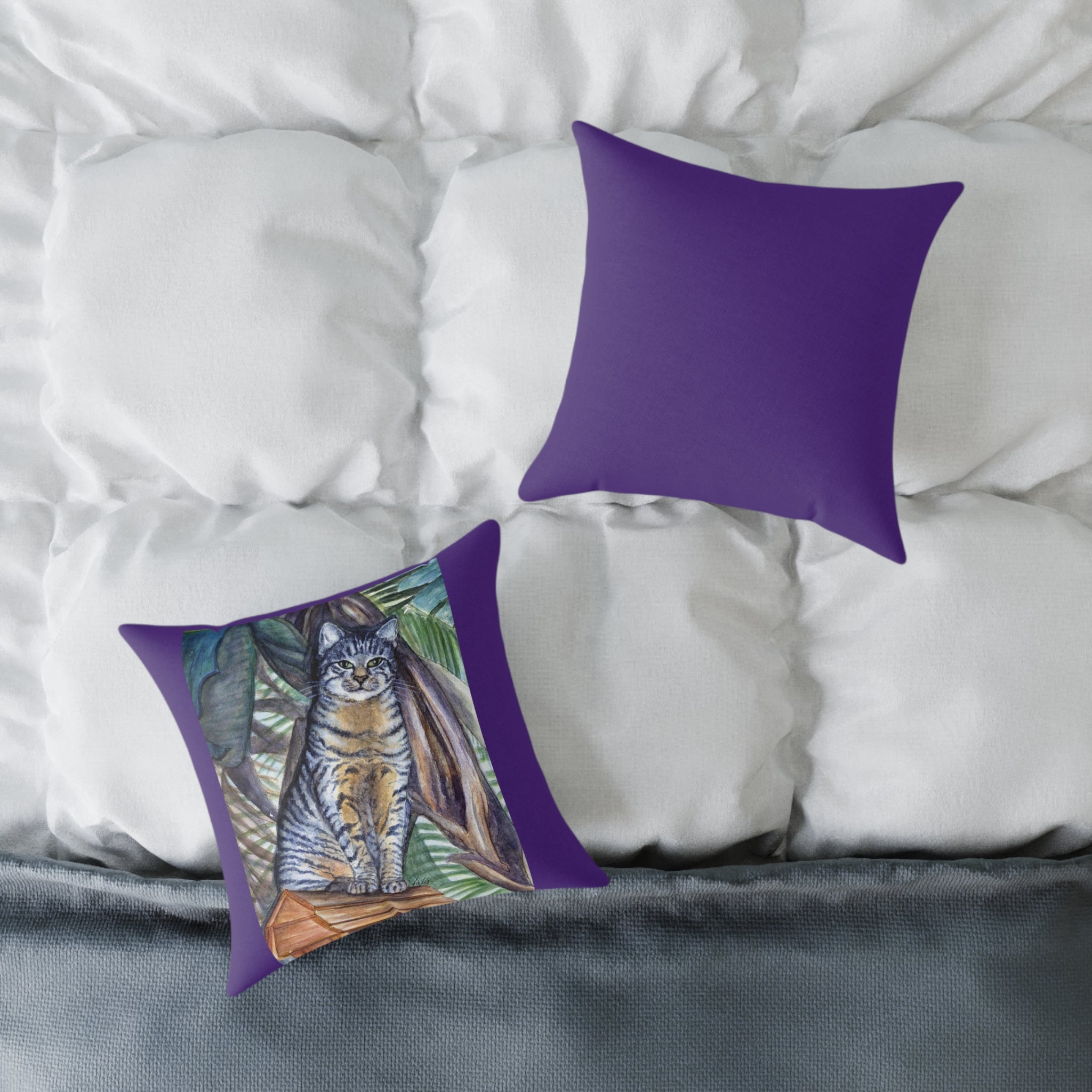 Accent Throw Pillow of front and back with a cat illustration 