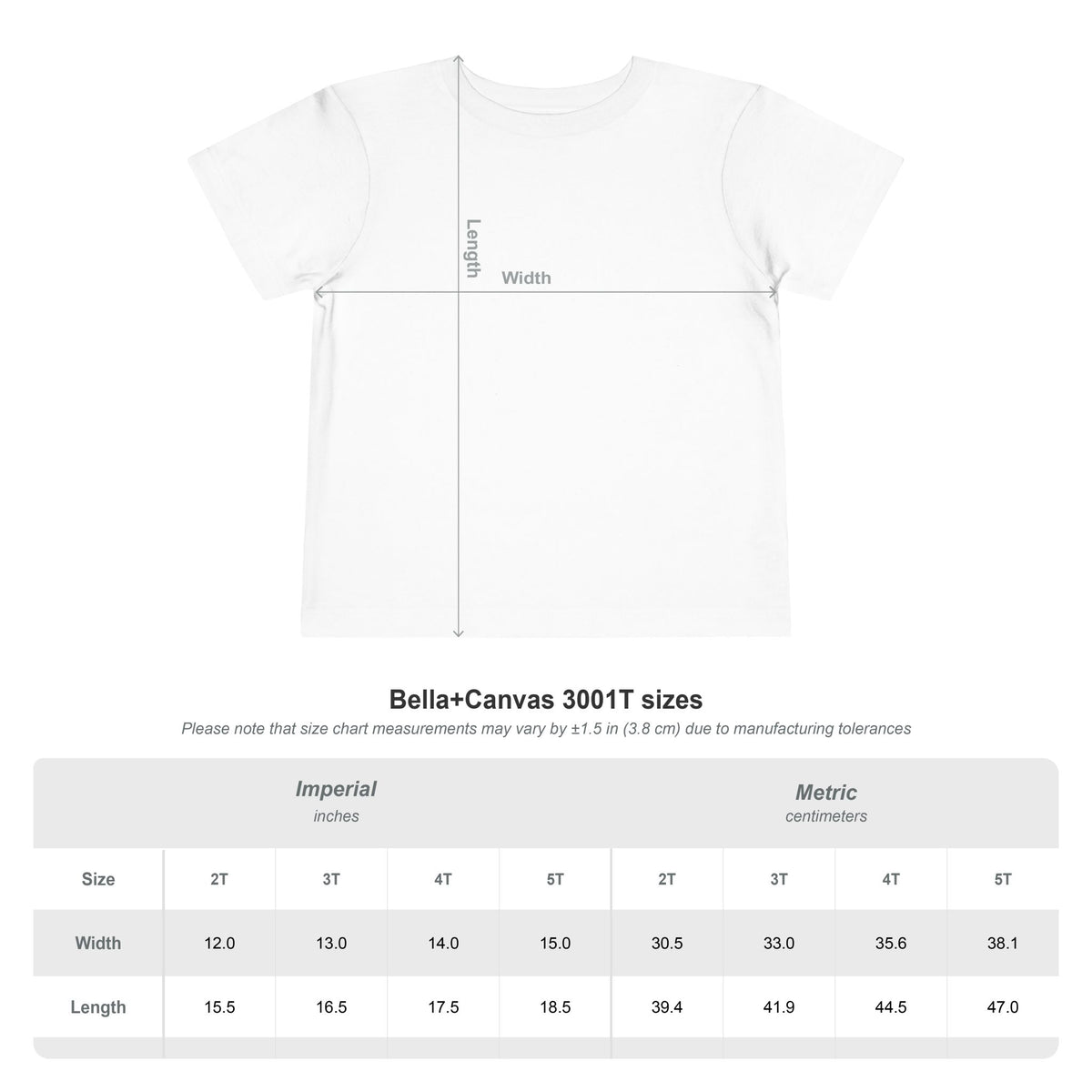 White Bella+Canvas 3001T size chart graphic showing a T-shirt outline with labeled width and length measurements above a size table for Imperial and Metric conversions.