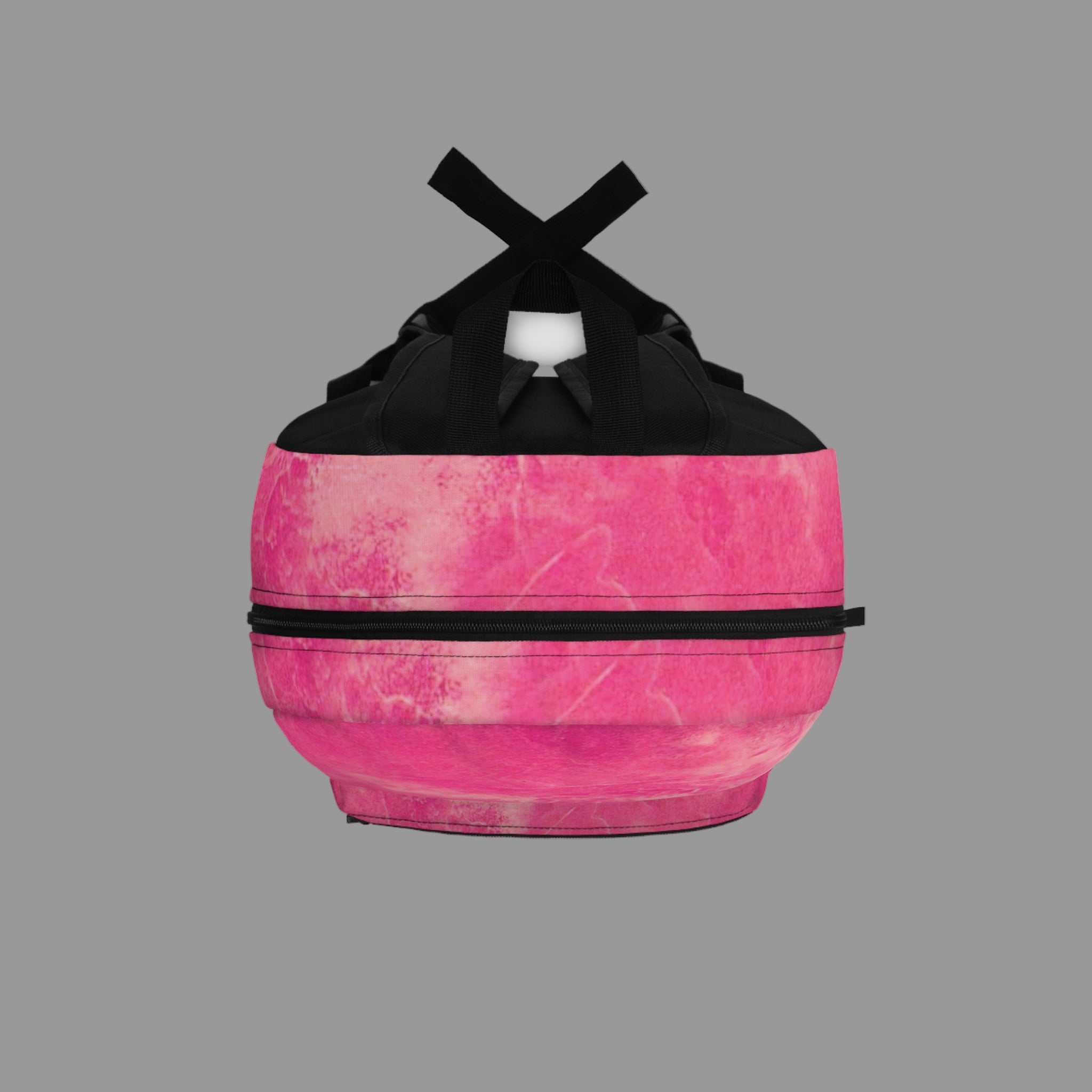 Pink and black backpack with a hot pink marble pattern - top view - strong black straps
