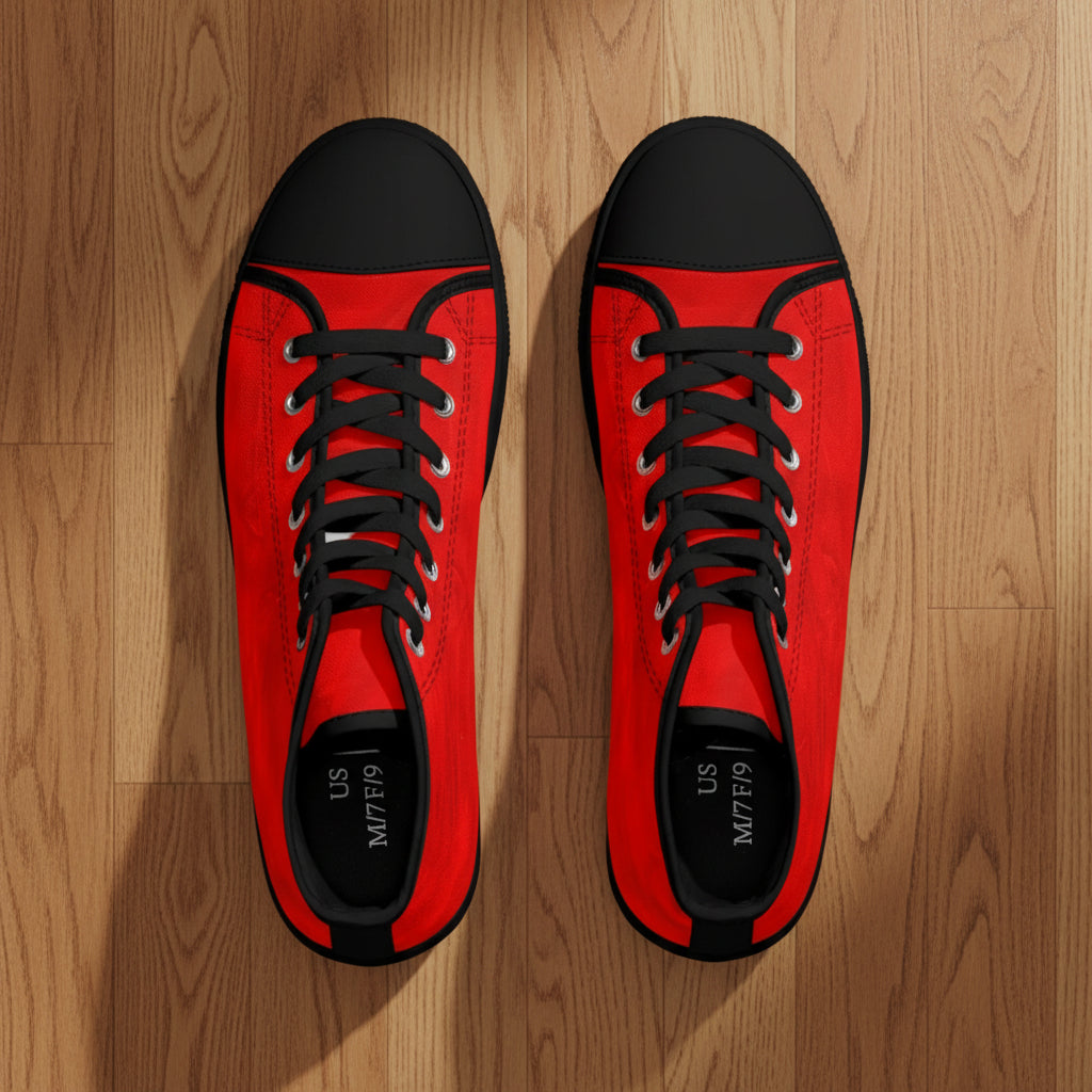 Unisex black laced and accented red high-top sneakers in abstract design with EVO soles for comfort
