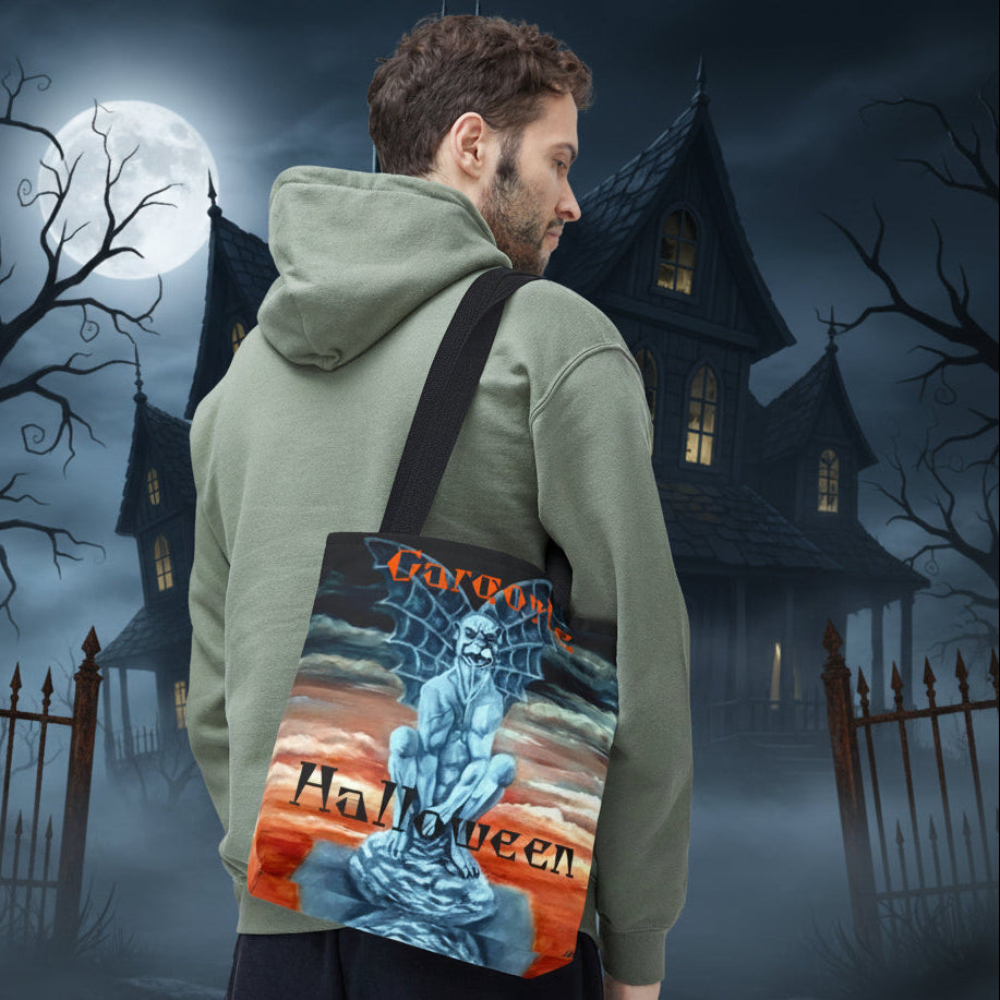 Tote Trick or Treat Bag for Halloween with scary painted Gargoyle 