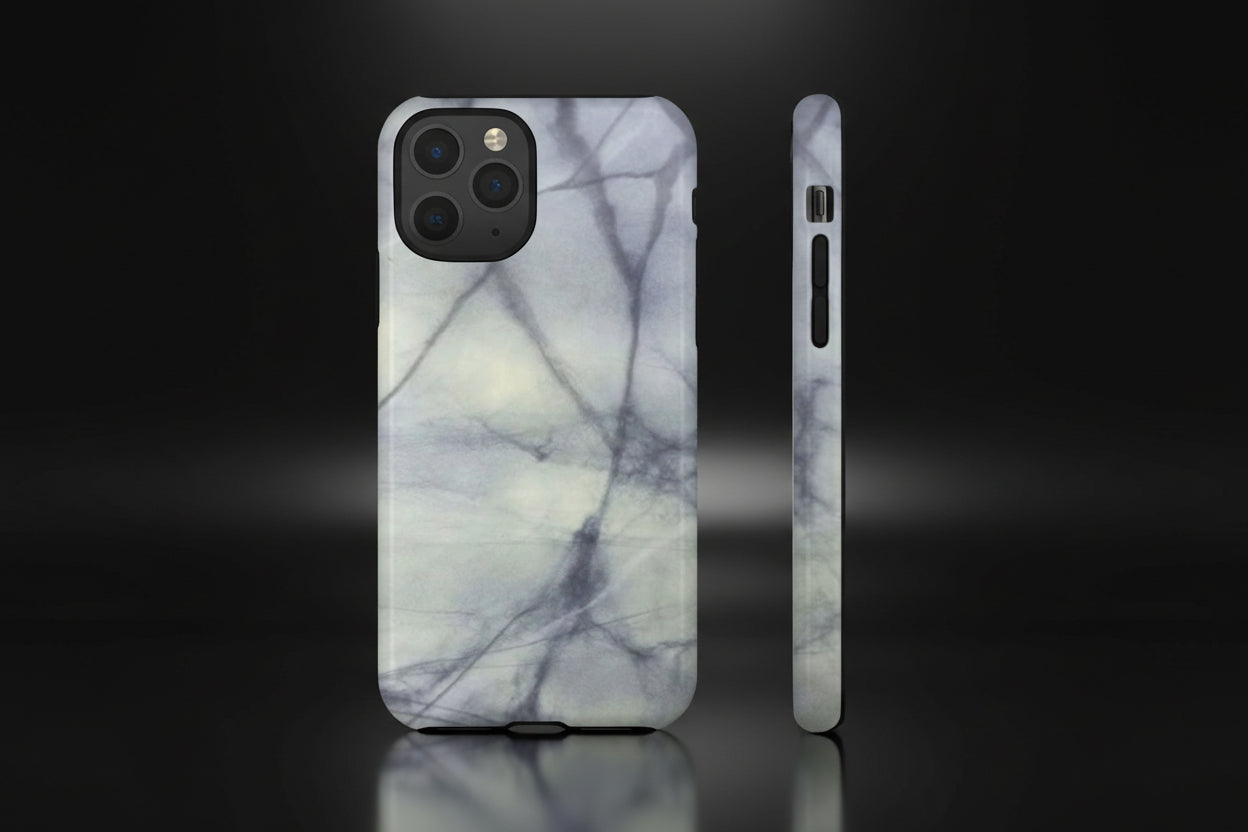 Phone case in impressive grey marble design with shock absorbing dual layer shell and UV resistance in 3D wrap