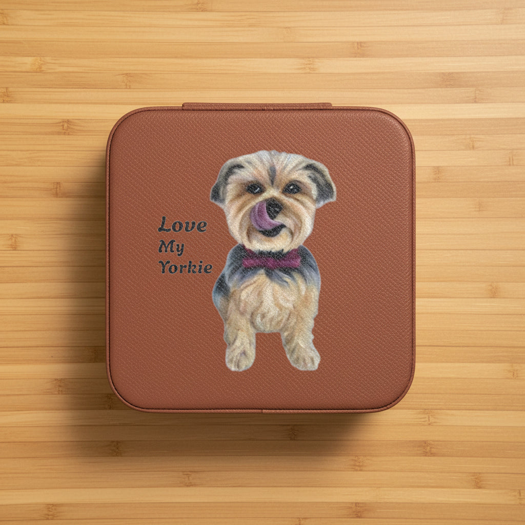 Travel Jewelry Case with cute Yorkie comes in brown, ivory or pink