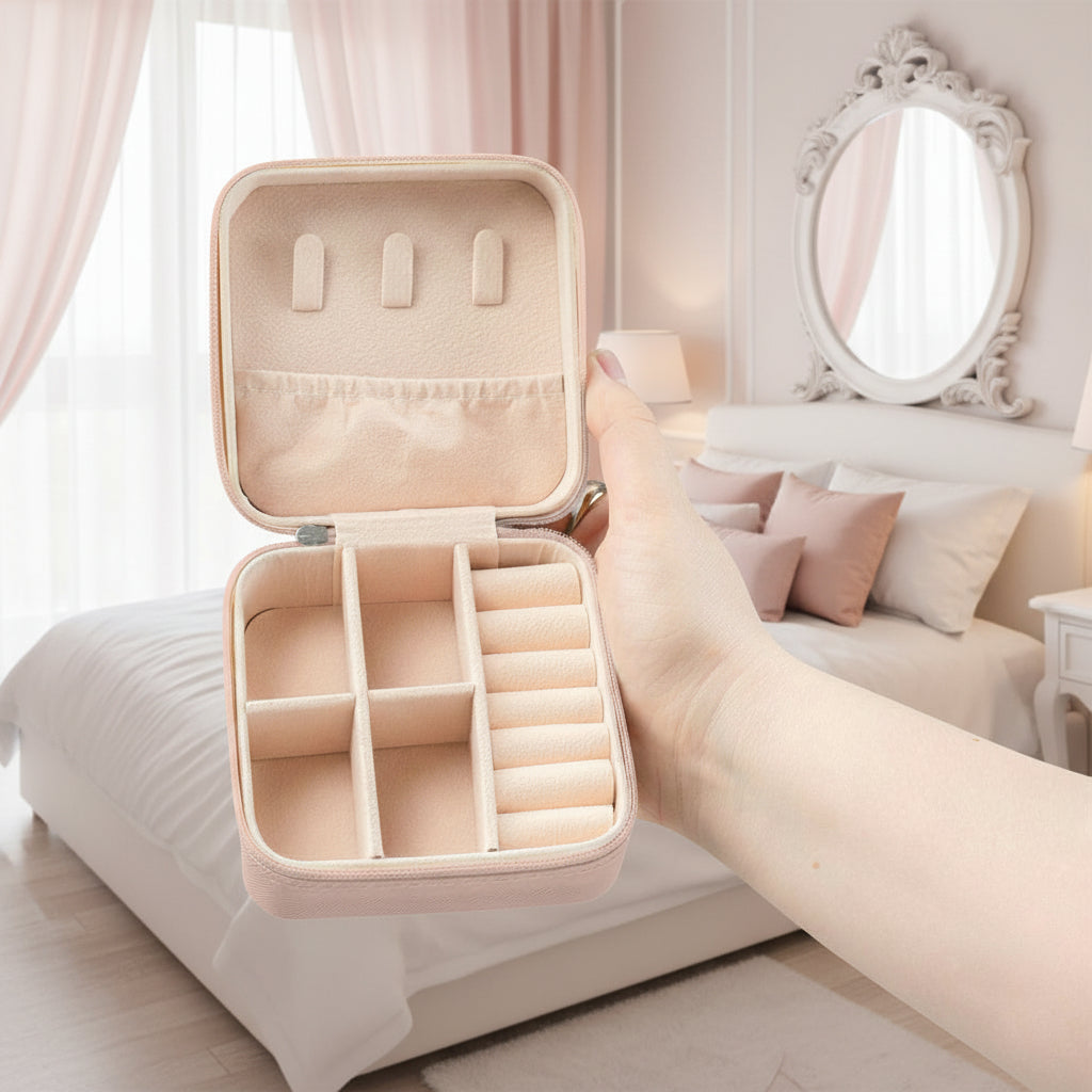 Light Pink  jewelry case opened to show compartments 