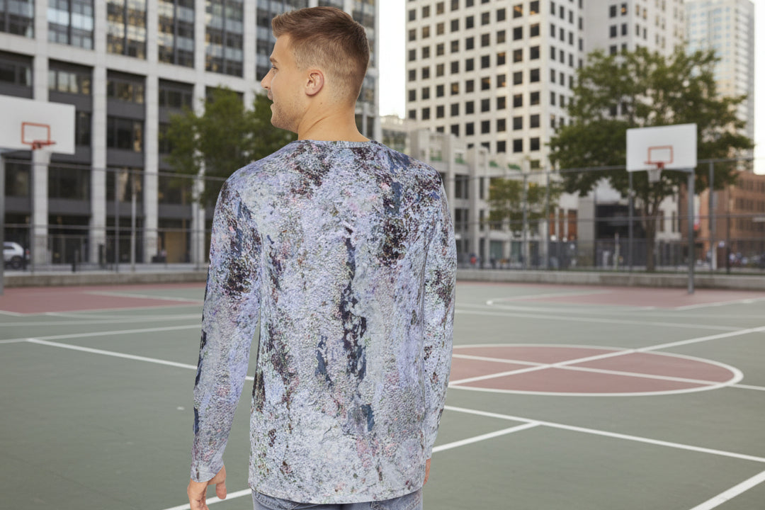Man wearing a long-sleeve shirt with a colorful abstract design sizes XS-4XL