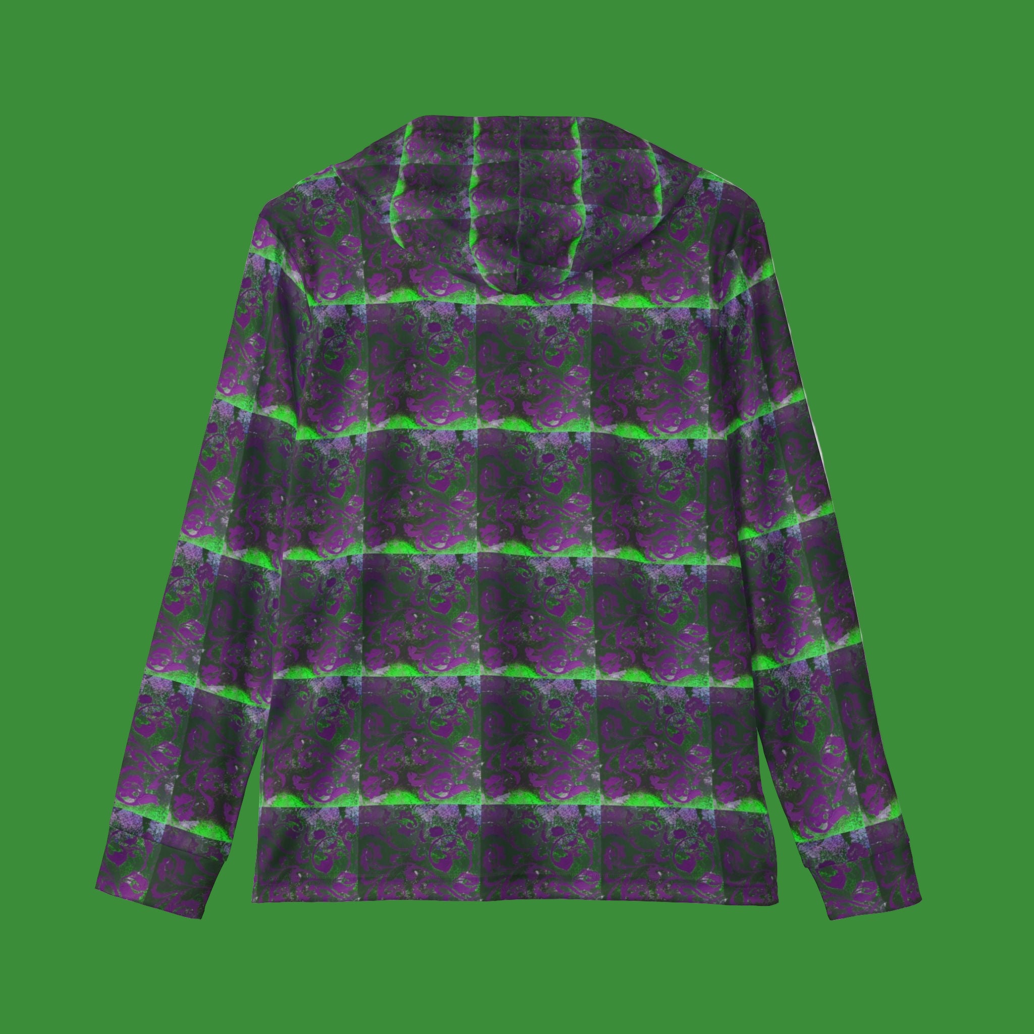 Purple and green checkered hoodie by Studio Blitz on a green background