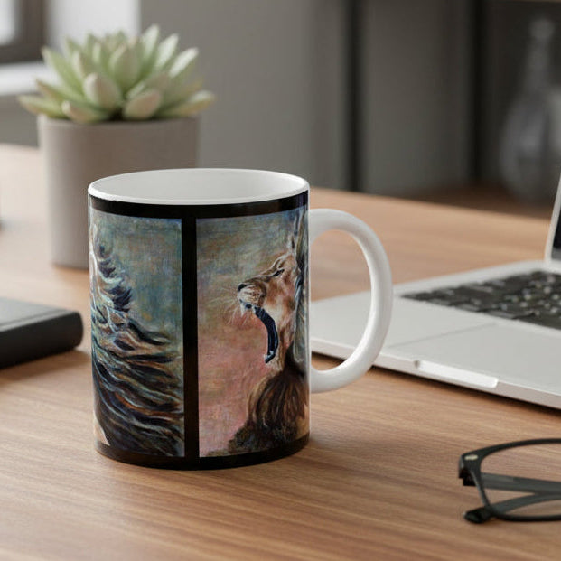 Mug with artist painted roaring lions on premium ceramic glossy mug