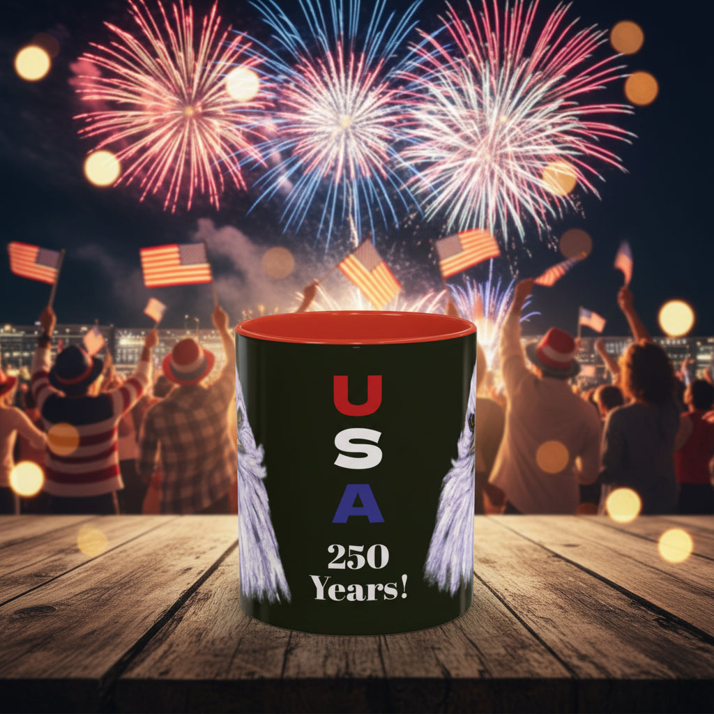 Black mug with red interior and handle, USA 250 Years with bald eagle portraits