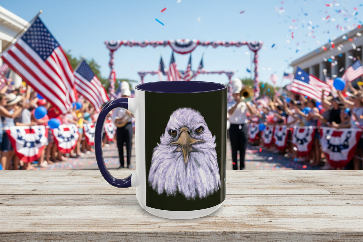 Mug with a bald eagle design on a black background, 15oz, navy accents, C handle