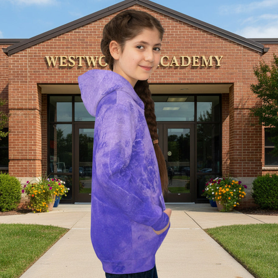 Kids will love this abstract art hoodie in blue designed by Studio Blitz with front pocket
