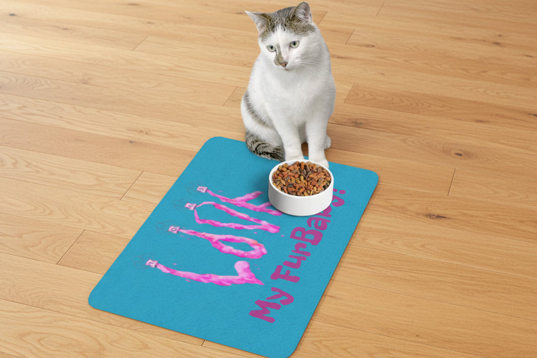  Blue pet feeding mat with unique pink Love My FurBaby - non-slip 