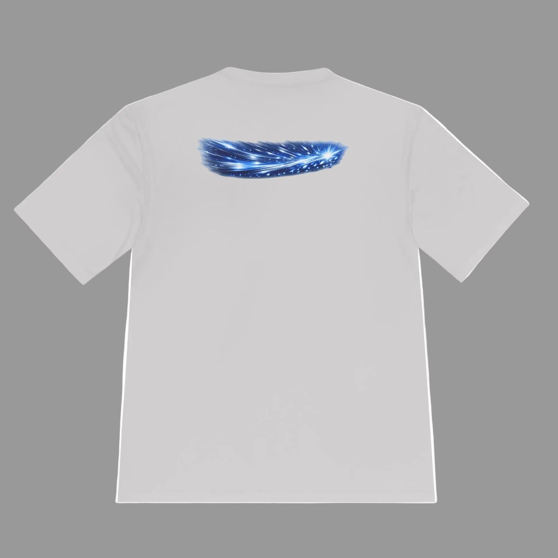 White t-shirt with a blue explosive design on the back 