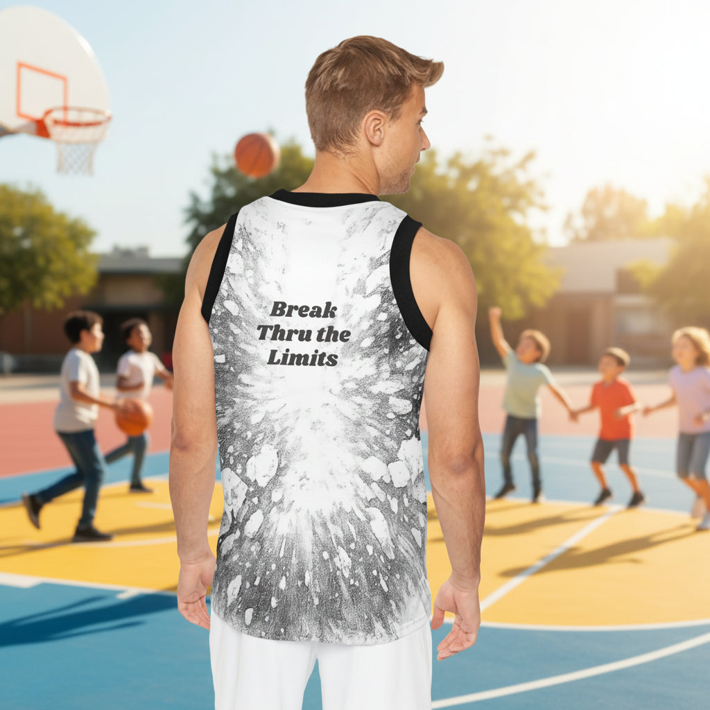 Basketball Jersey with moisture-wicking to keep you dry features  a black, grey and white explosive graphic and the text 'Break Thru the Limits' is one of a kind to get you noticed and keep you motivated.