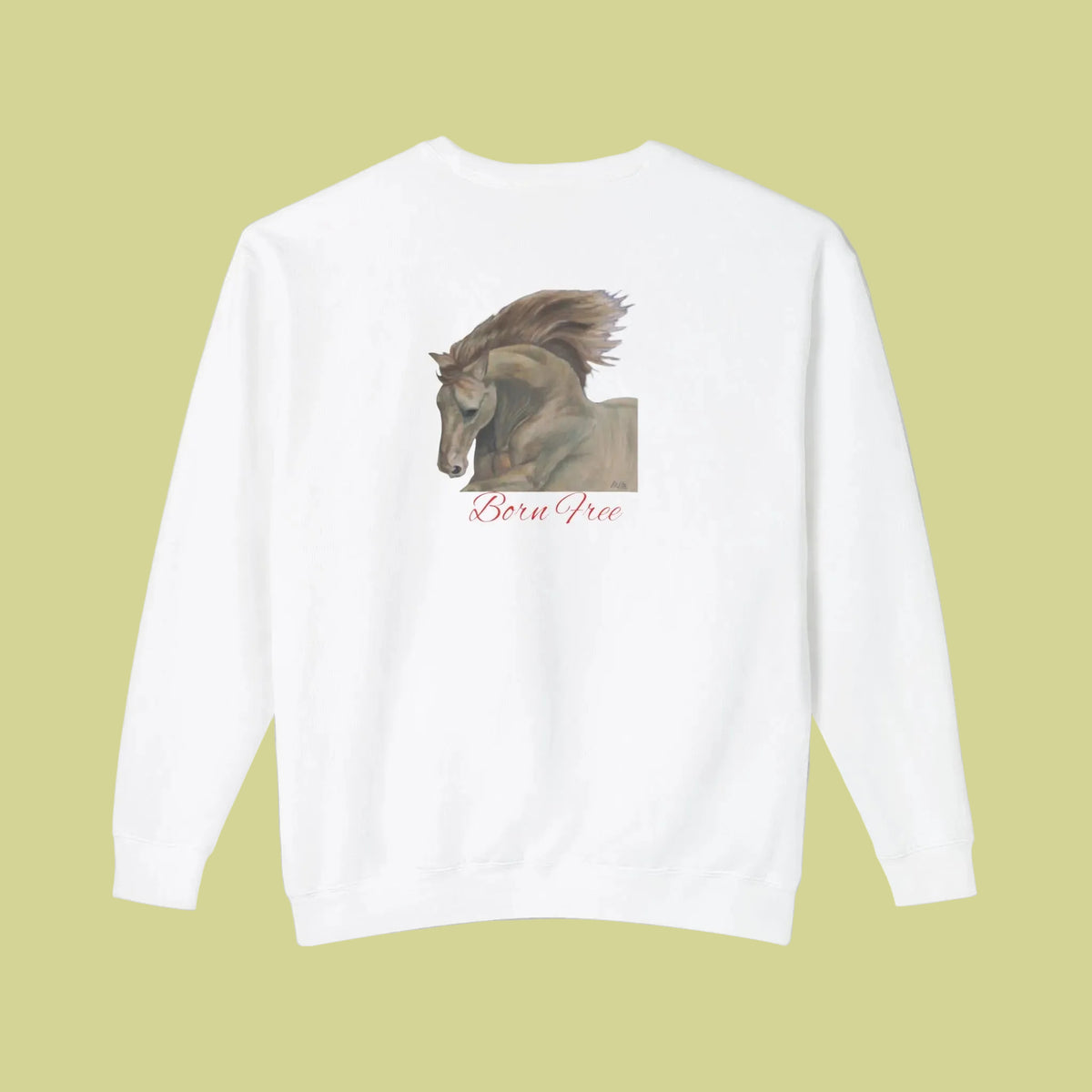 A white crewneck sweatshirt shown from the back, featuring a graphic print of a horse with the text 'Born Free' in red cursive below it. S-3XL